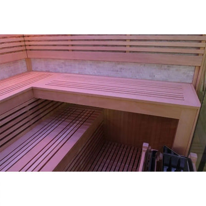 Wooden sauna bench inside a sauna with a white background