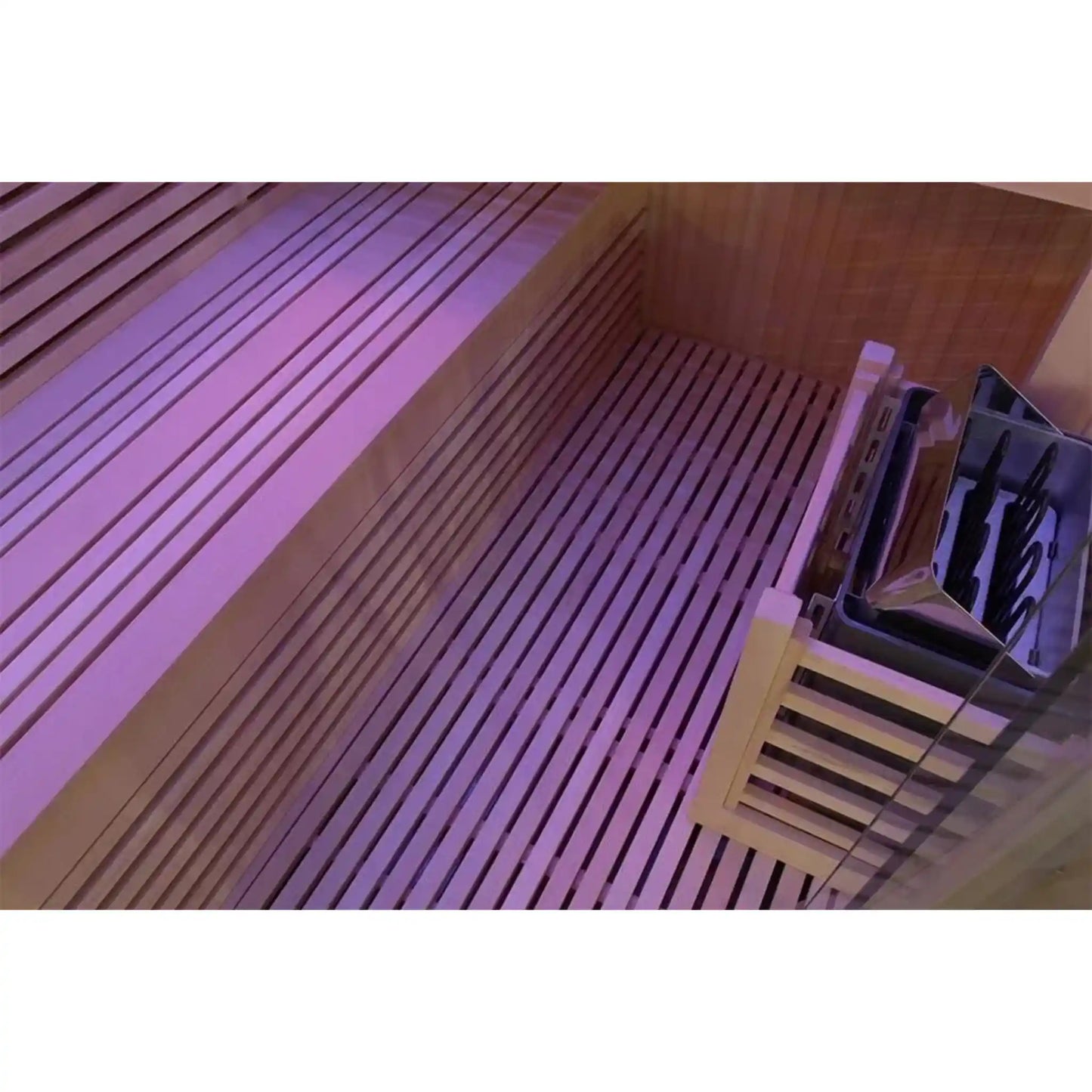 Sauna with wooden bench, stove and pink lighting