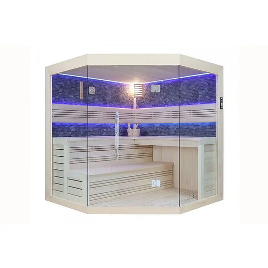Corner sauna with glass front and blue LED lights on a white background