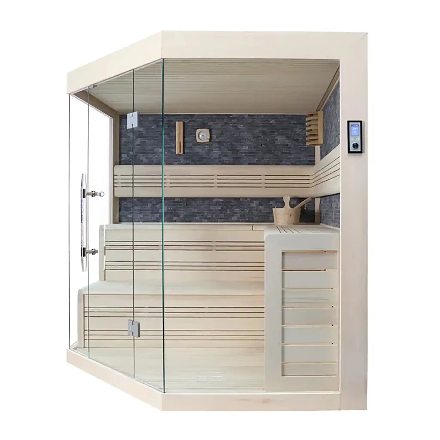 Corner sauna with glass door and wooden interior on a white background