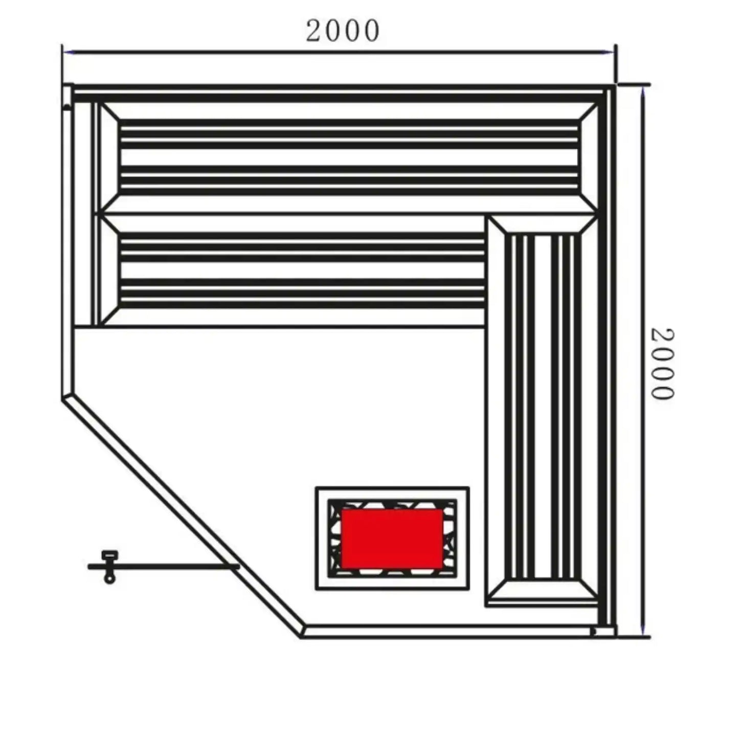 Diagram of a aerial view of the inside of a corner sauna with dimensions.