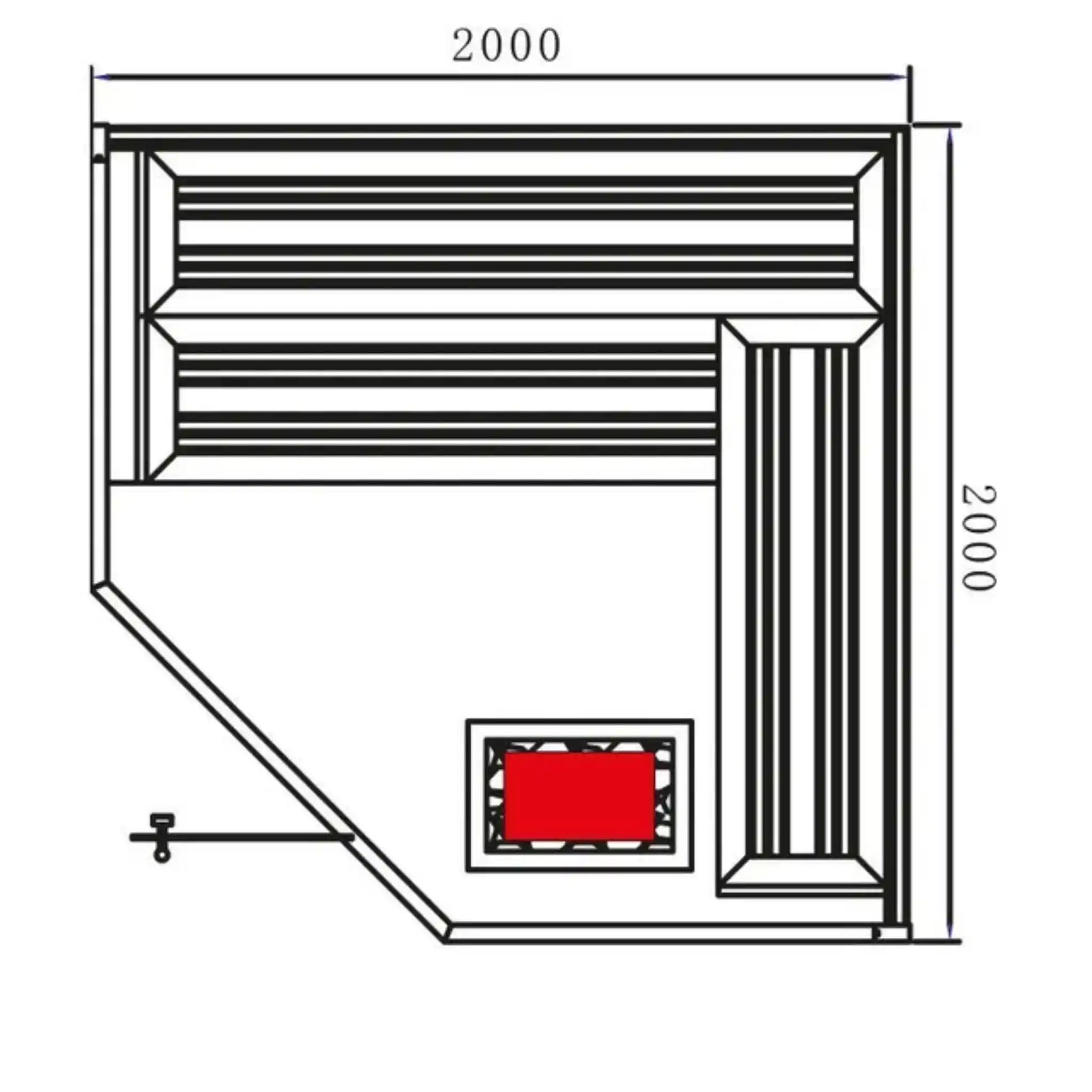 Diagram of a aerial view of the inside of a corner sauna with dimensions.