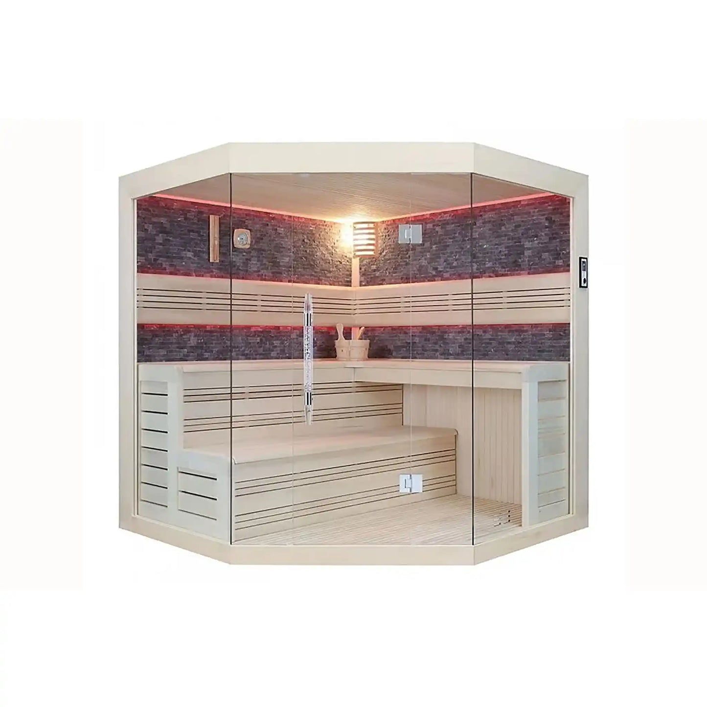 Corner sauna with glass front on a white background