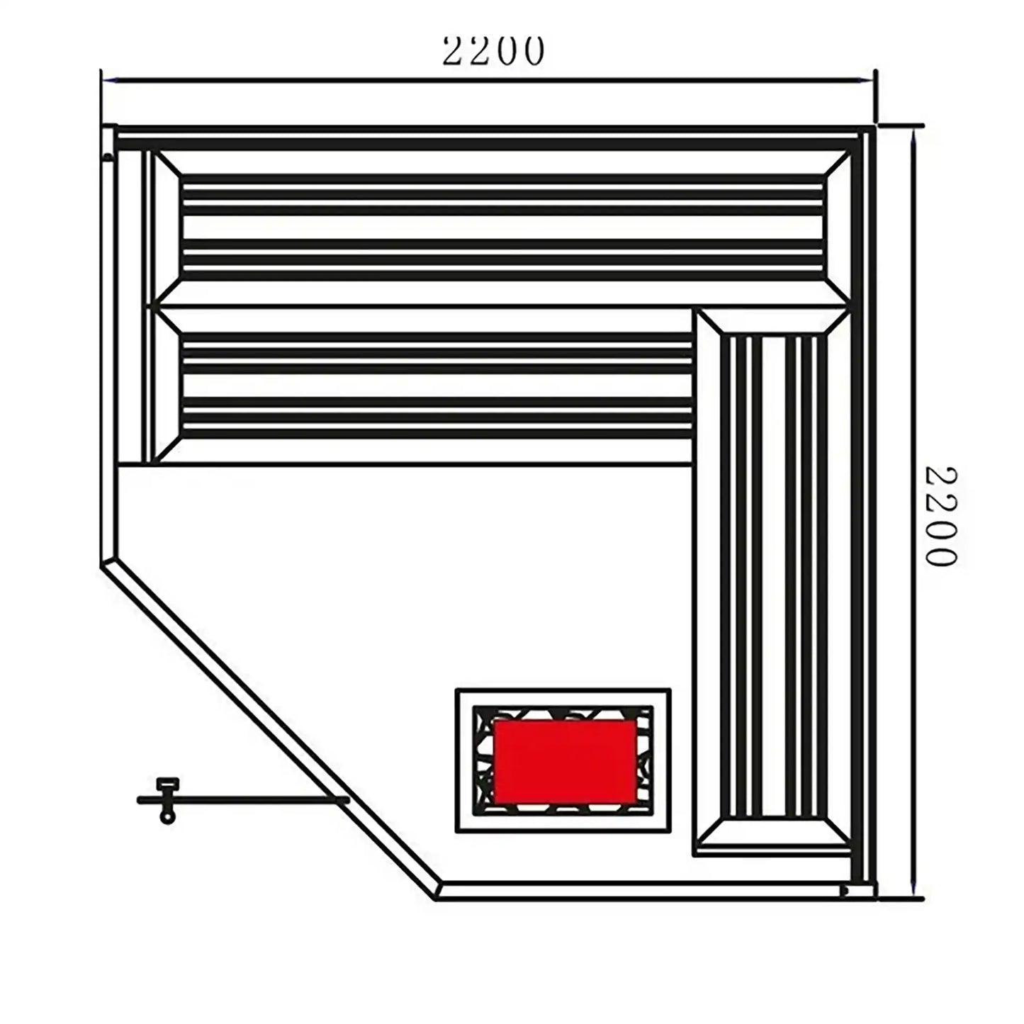 Aerial view drawing of a sauna with dimensions labeled
