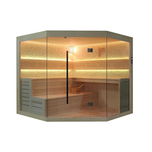 Corner sauna with wooden interior and glass walls on a white background