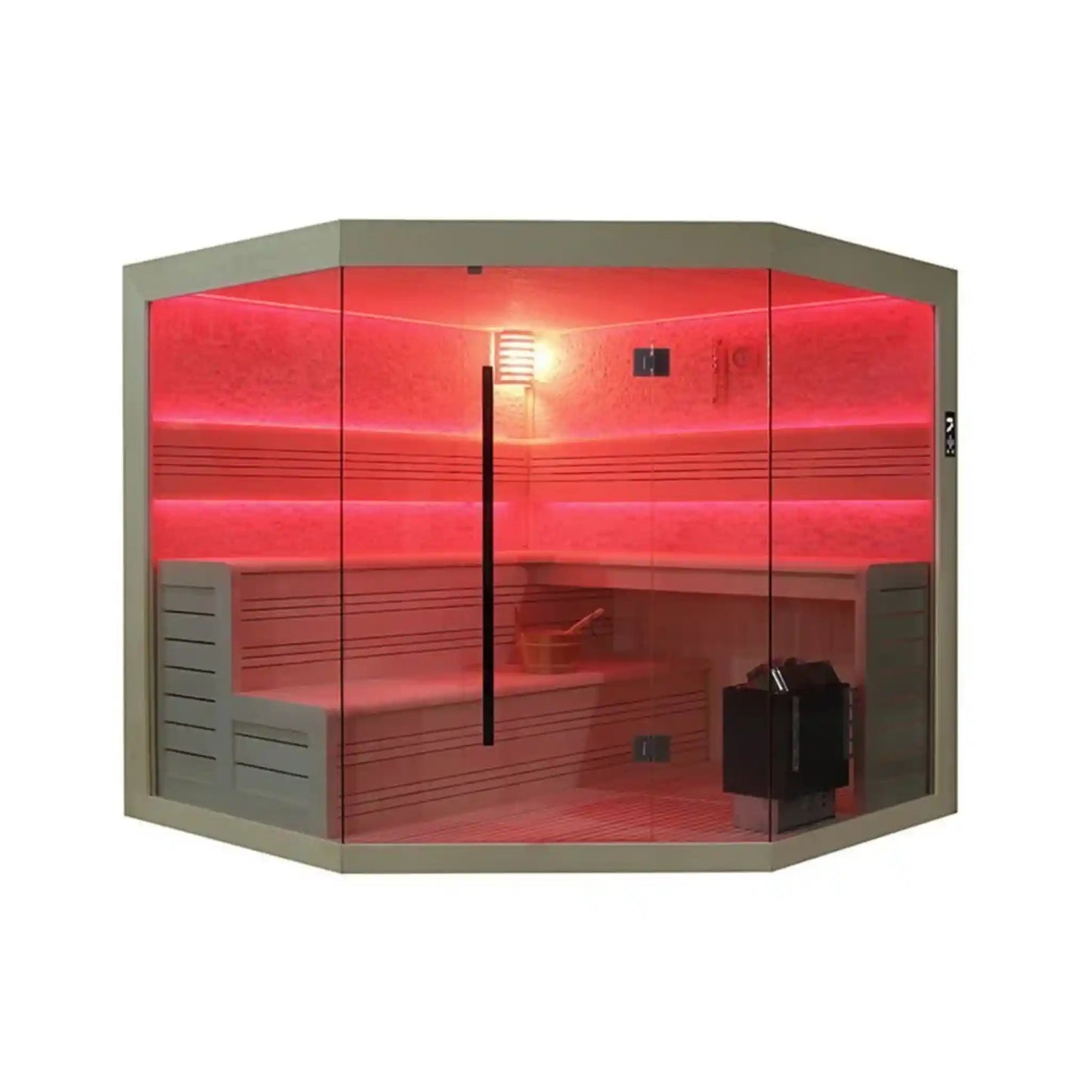 Corner infrared sauna with red interior lighting on a white background