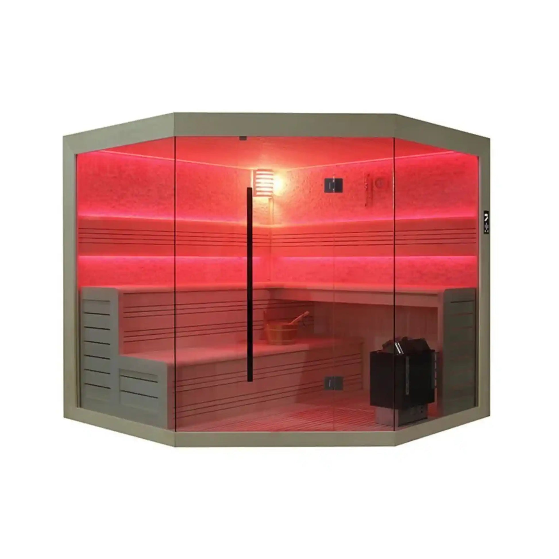 Corner infrared sauna with red interior lighting on a white background