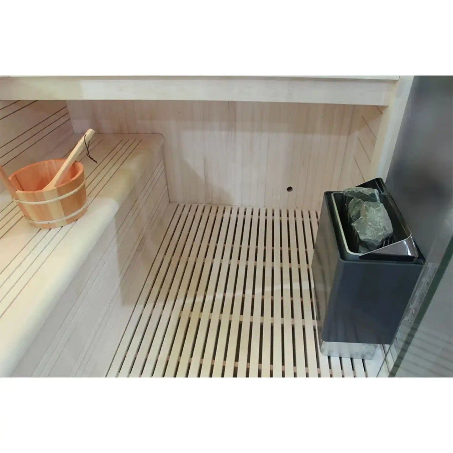 Wooden sauna with a bucket and ladle on a wooden floor in a sauna