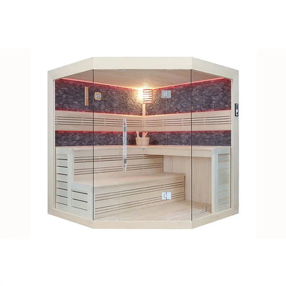 Corner infrared sauna with glass panels on a white background