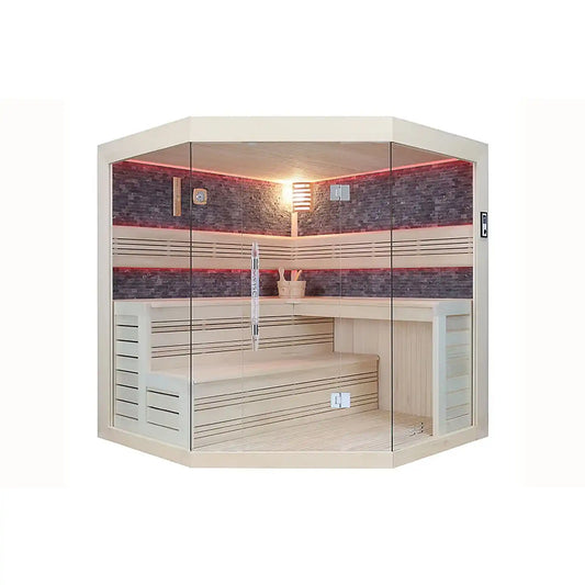 Corner infrared sauna with glass panels on a white background