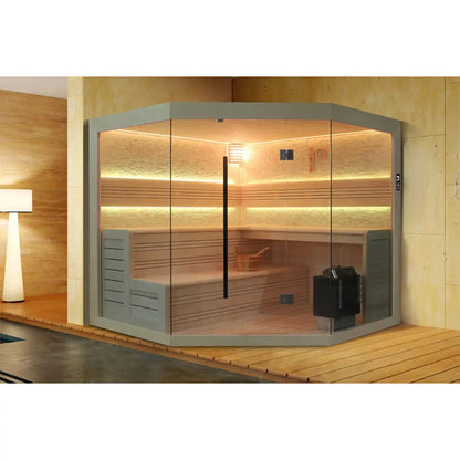 Corner infrared sauna with wooden interior and glass door in a room with wooden floor and wall.