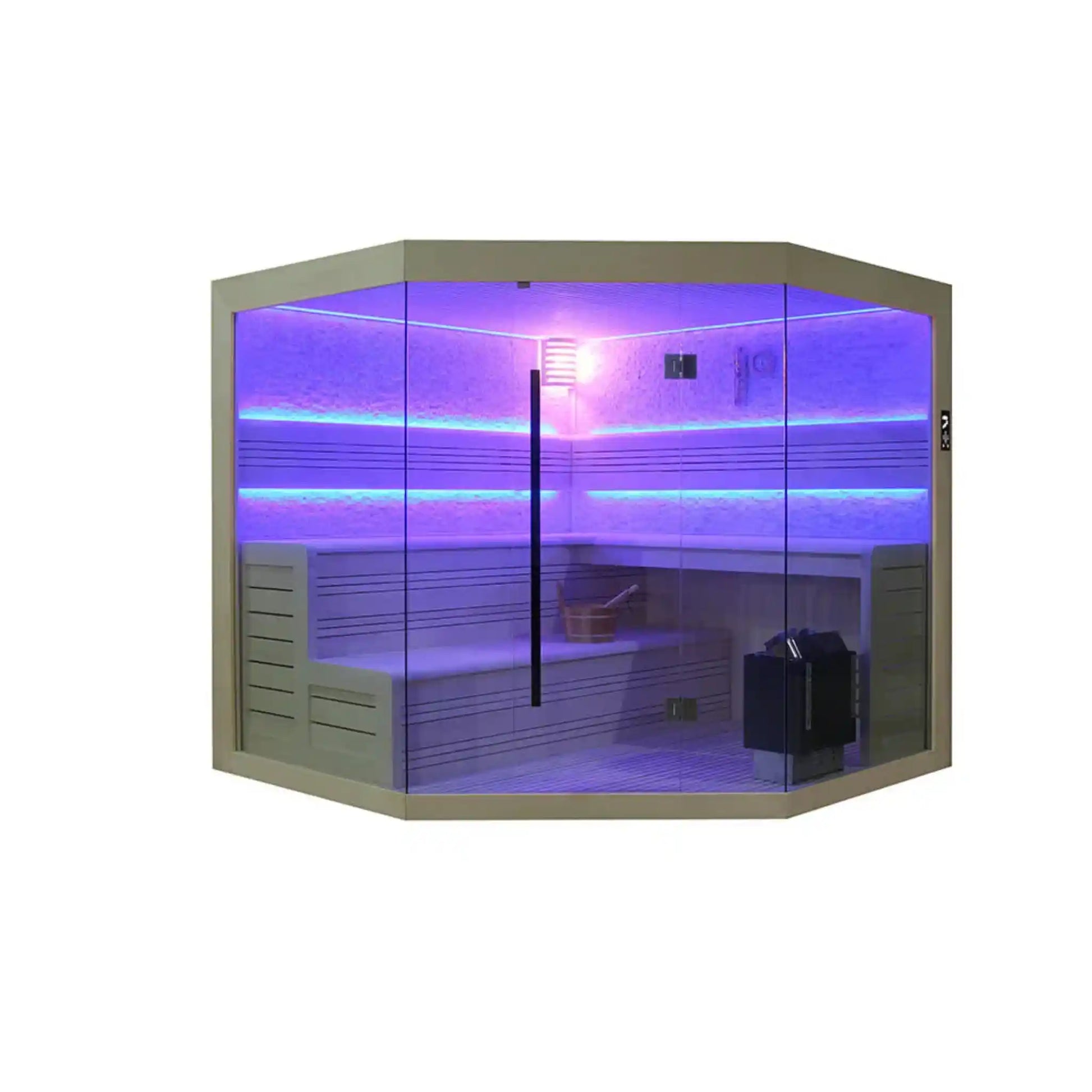 Corner sauna with purple lighting on a white background