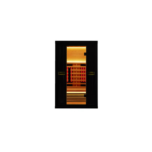 Wooden sauna with black exterior on white background