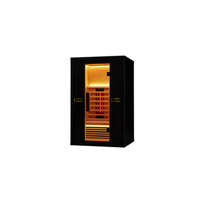 Wooden sauna with black exterior on white background