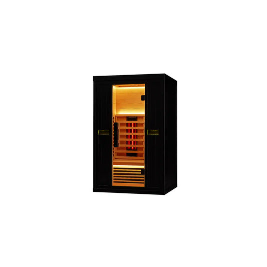 Wooden sauna with black exterior on white background