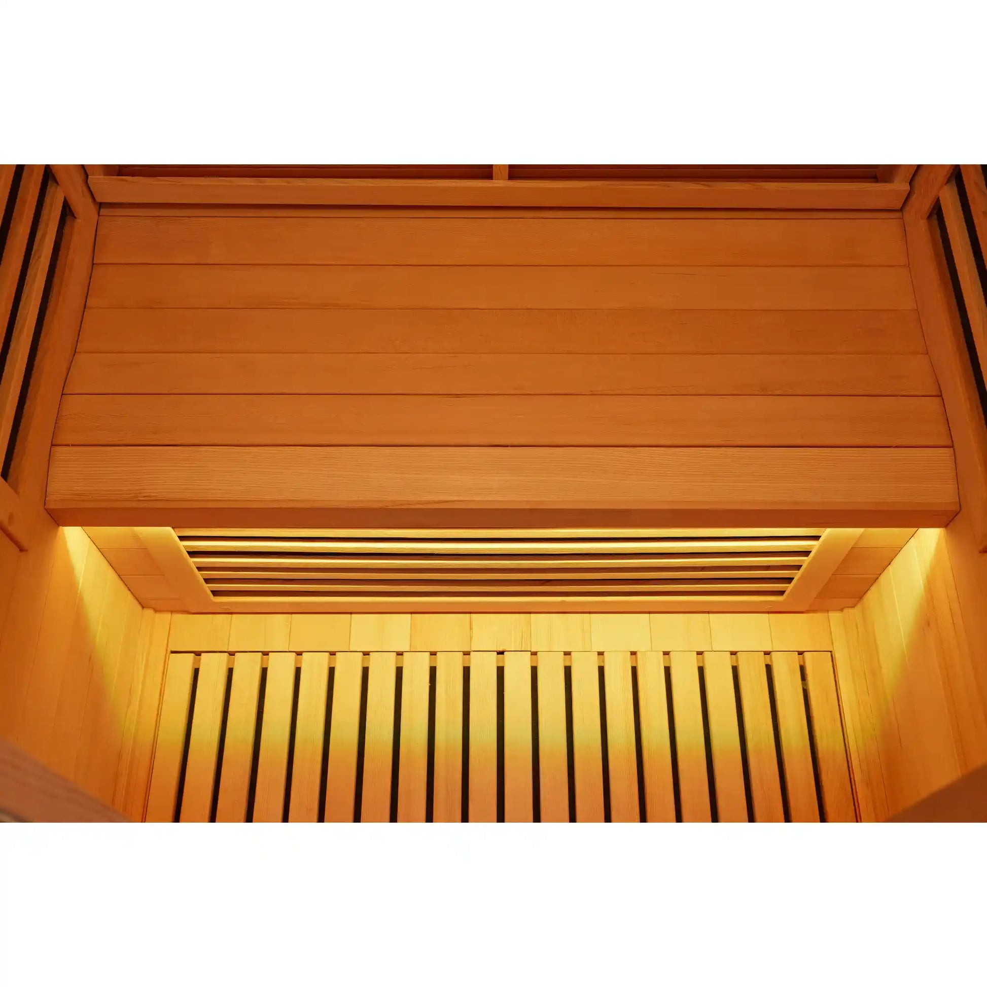Wooden sauna interior with glowing light