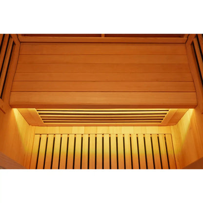 Wooden sauna interior with glowing light