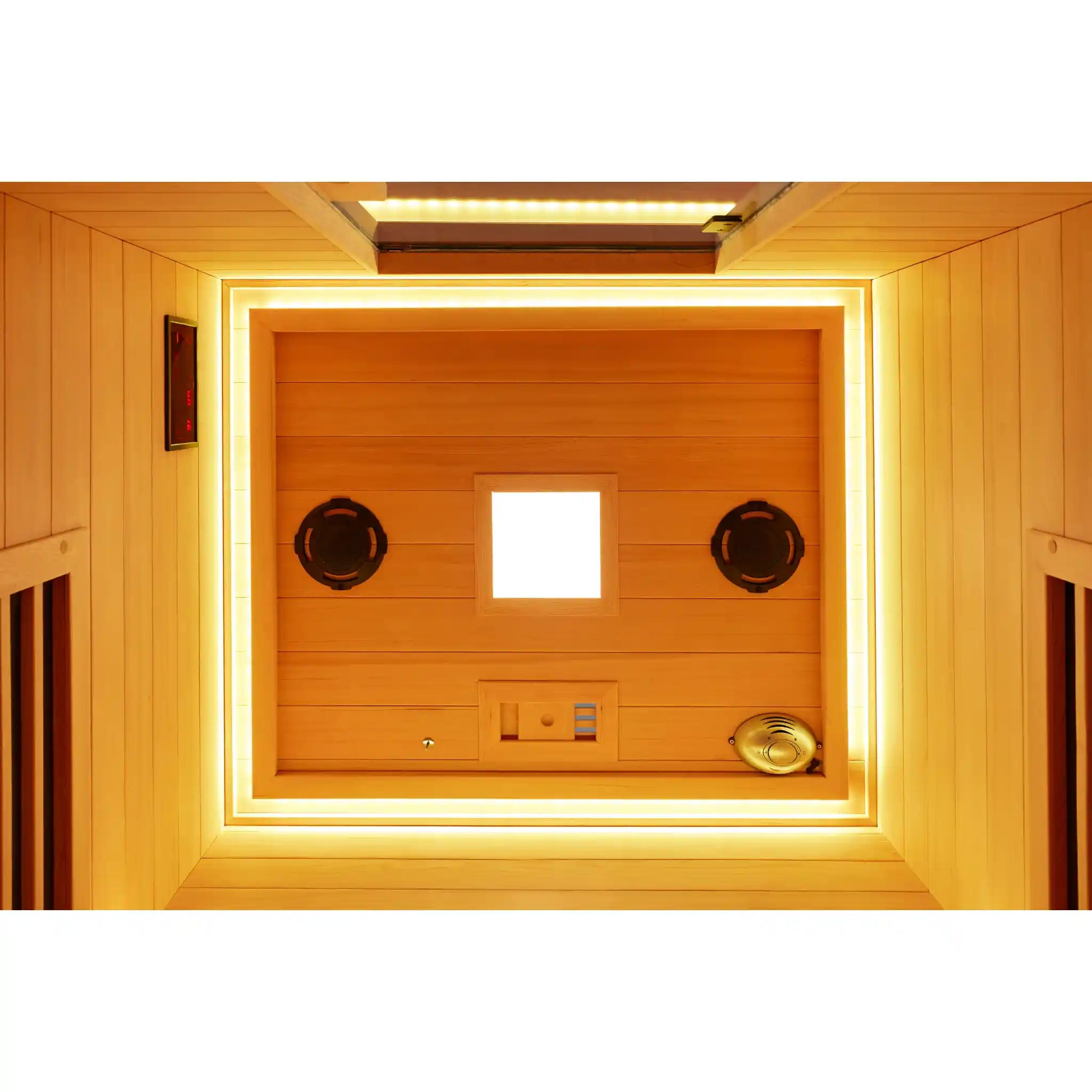 Wooden sauna interior with control panel and ceiling.