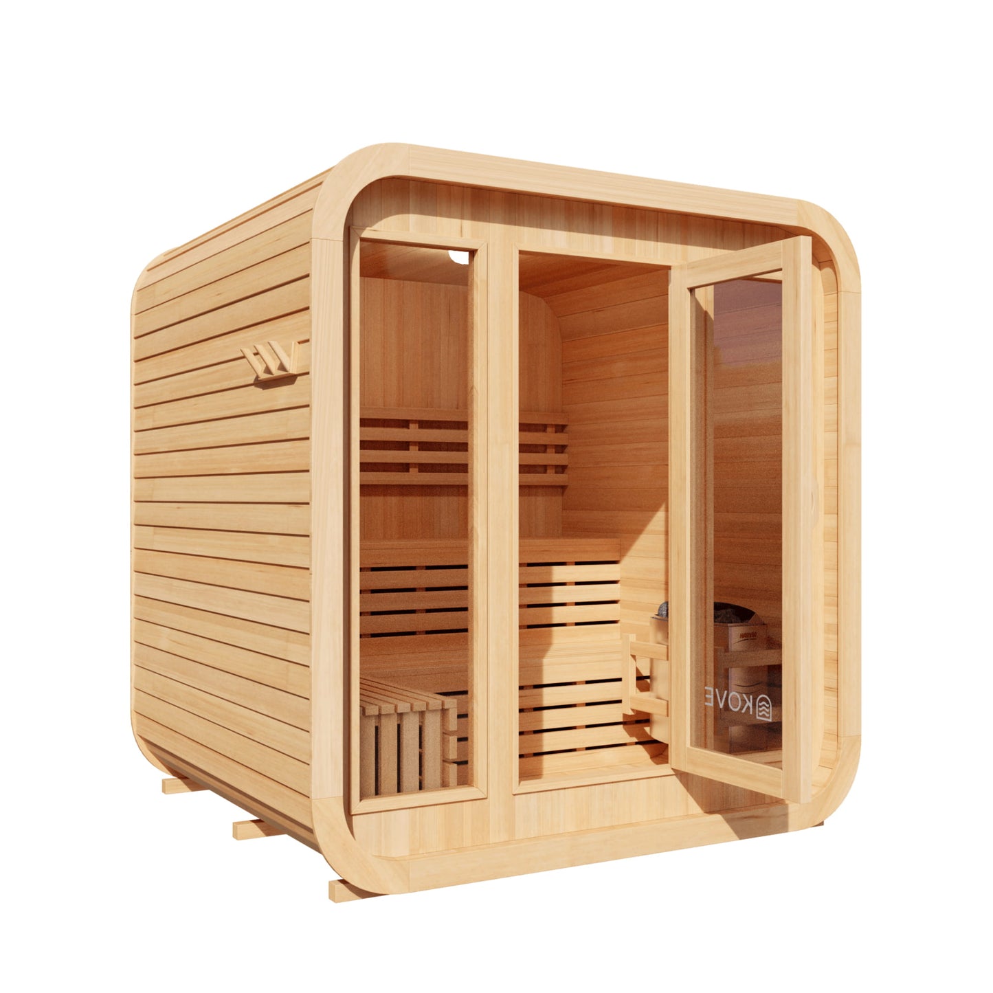 Wooden sauna with glass door on a white background