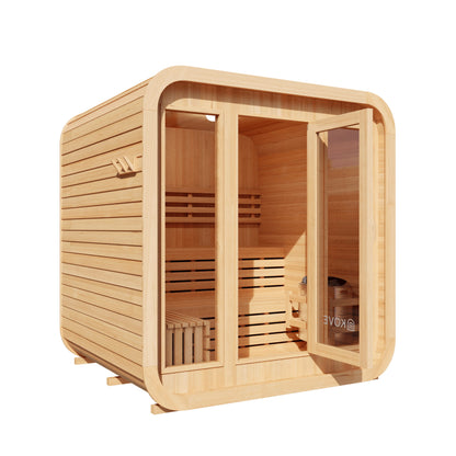 Wooden sauna with glass door on a white background