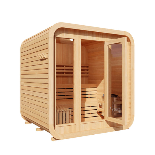 Wooden sauna with glass door on a white background