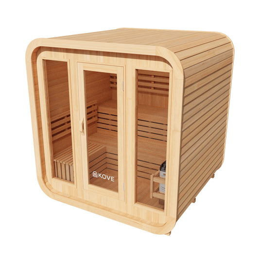 Wooden sauna with 'Kove' branding on a white background