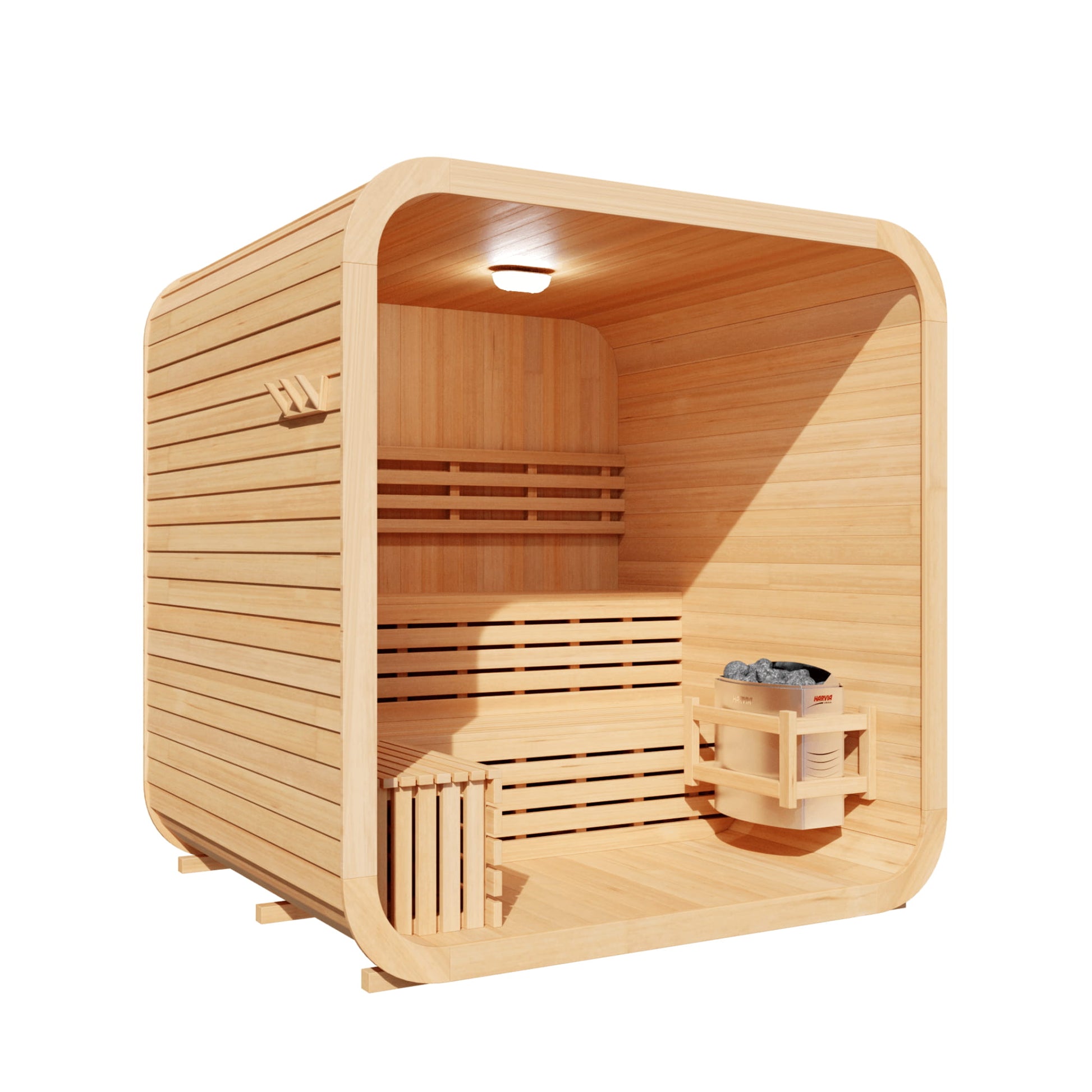Wooden sauna with interior details on a white background