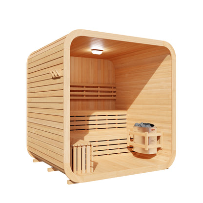 Wooden sauna with interior details on a white background