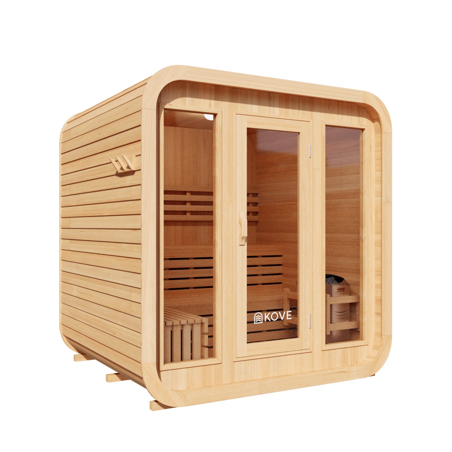 Wooden sauna with glass doors on a white background, featuring the Kove brand.