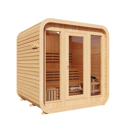 Wooden sauna with glass doors on a white background, featuring the Kove brand.