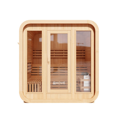 Wooden sauna with glass doors on a white background, featuring the Kove brand.