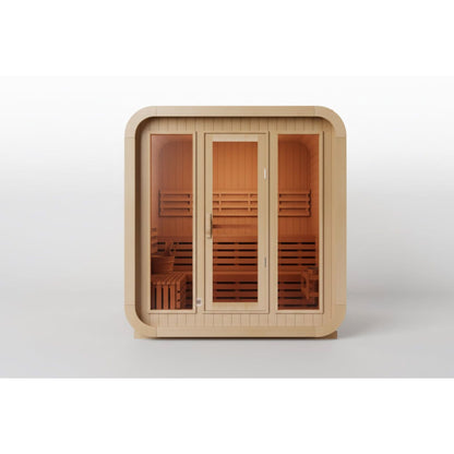 Wooden sauna with glass doors on a white background