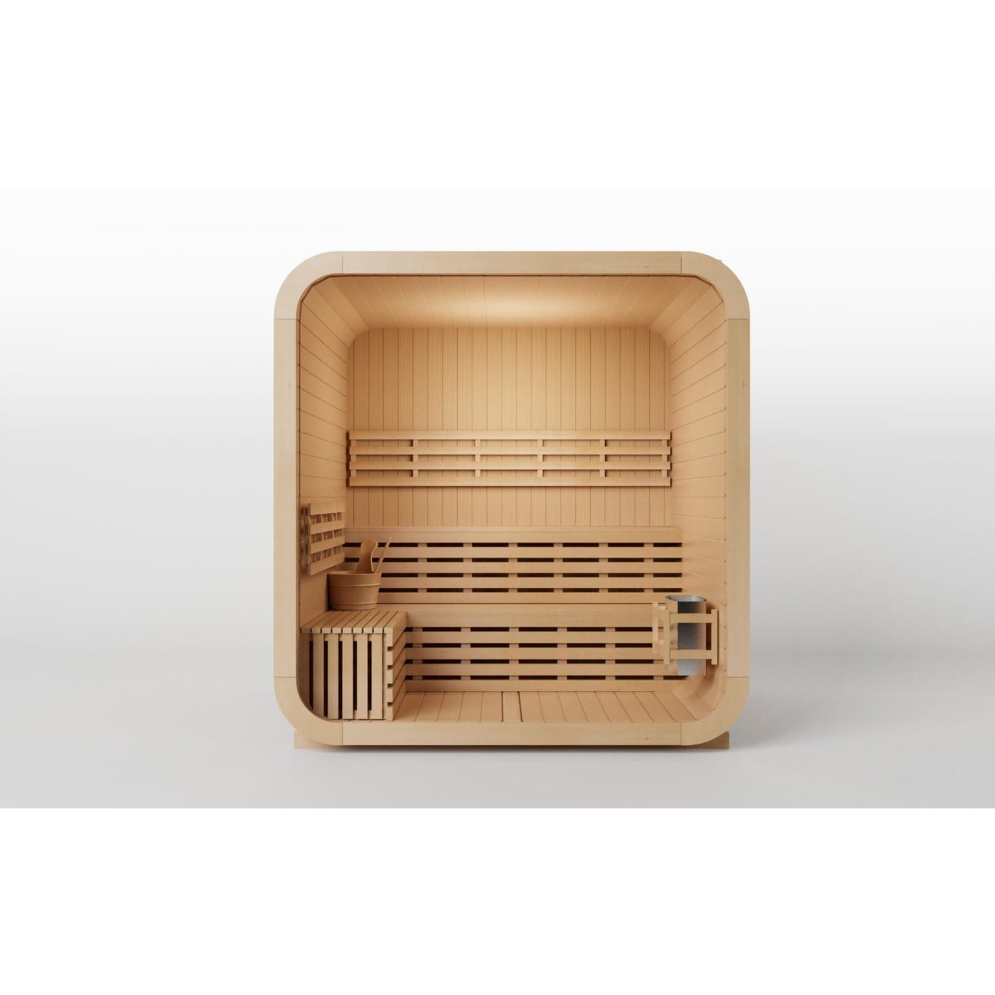 Wooden sauna with benches on a white background