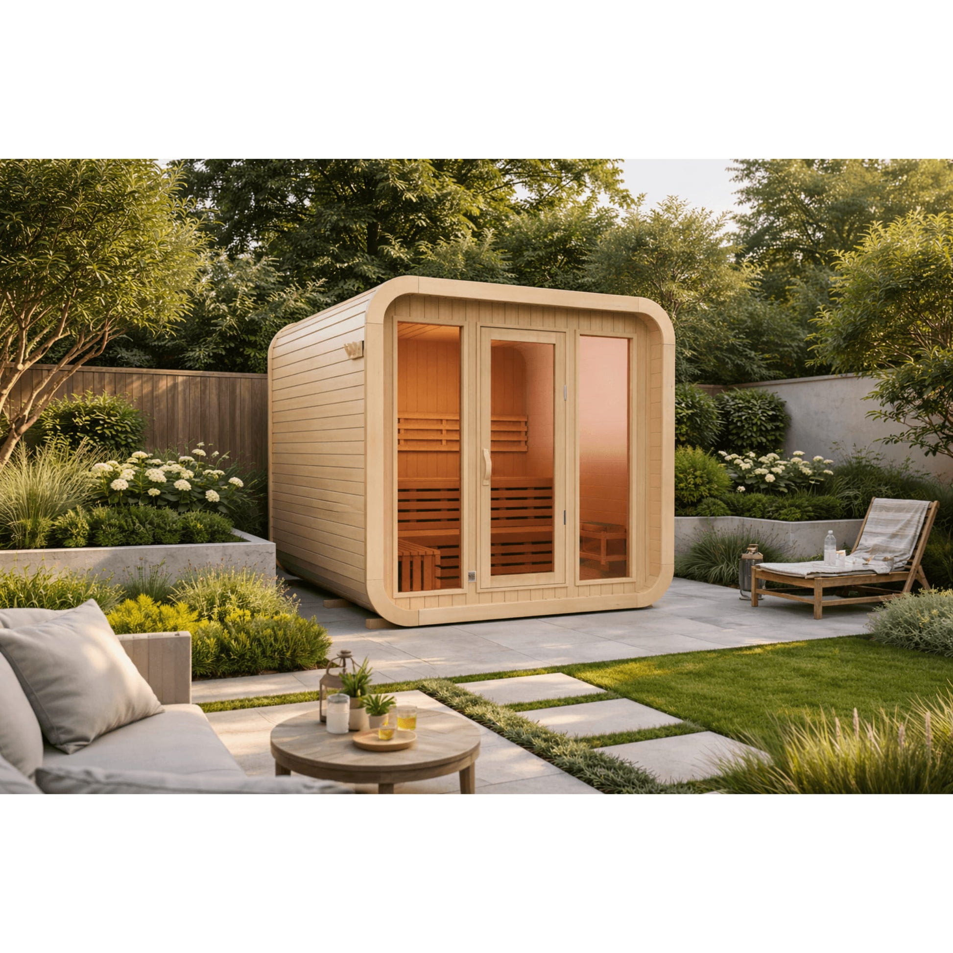 Wooden outdoor sauna in a garden setting with greenery and seating area.