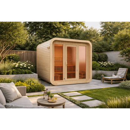 Wooden outdoor sauna in a garden setting with greenery and seating area.