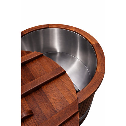 Metal inside of a wooden KOVE Cedar Ice Bath on a white background
