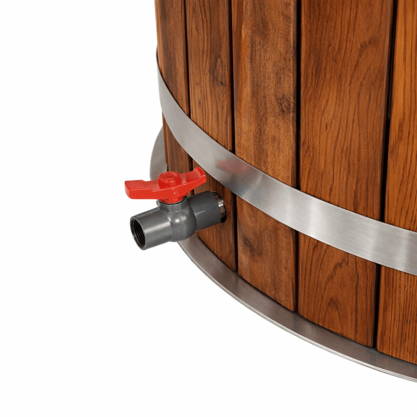 Wooden ice bath with a red valve and gray fitting on a white background