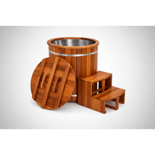 Wooden KOVE Cedar Ice Bath on a grey background