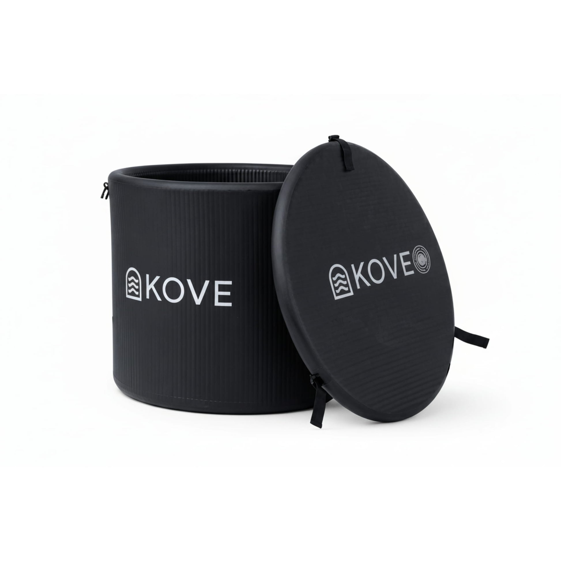 Inflatable black ice bath and cover with Kove branding on white background