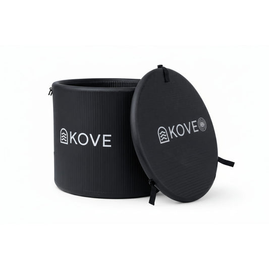 Inflatable black ice bath and cover with Kove branding on white background