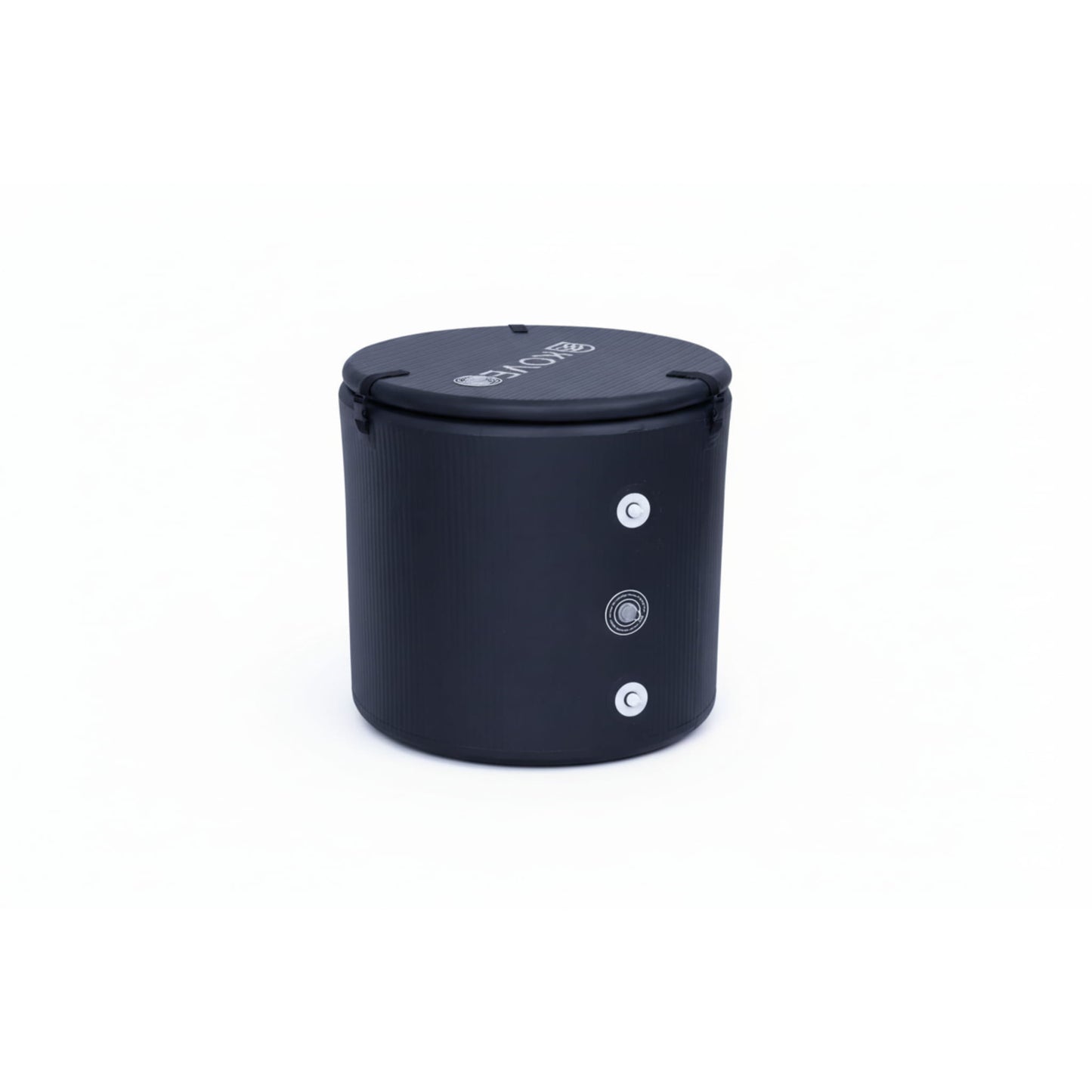 Inflatable black ice bath with valves and pipe connection points on white background