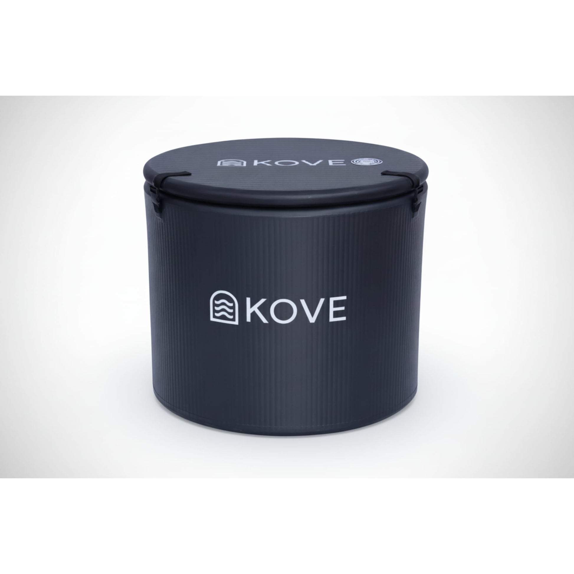 Inflatable black ice bath with Kove branding on white background