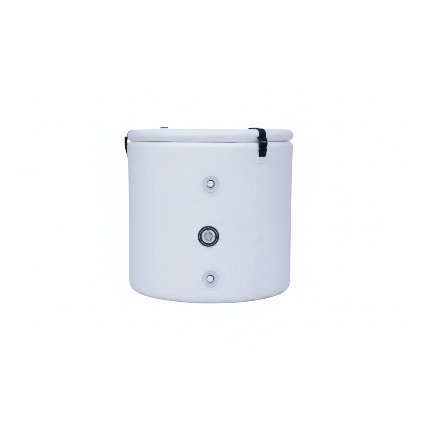 Inflatable white ice bath with valves and pipe connection points on white background