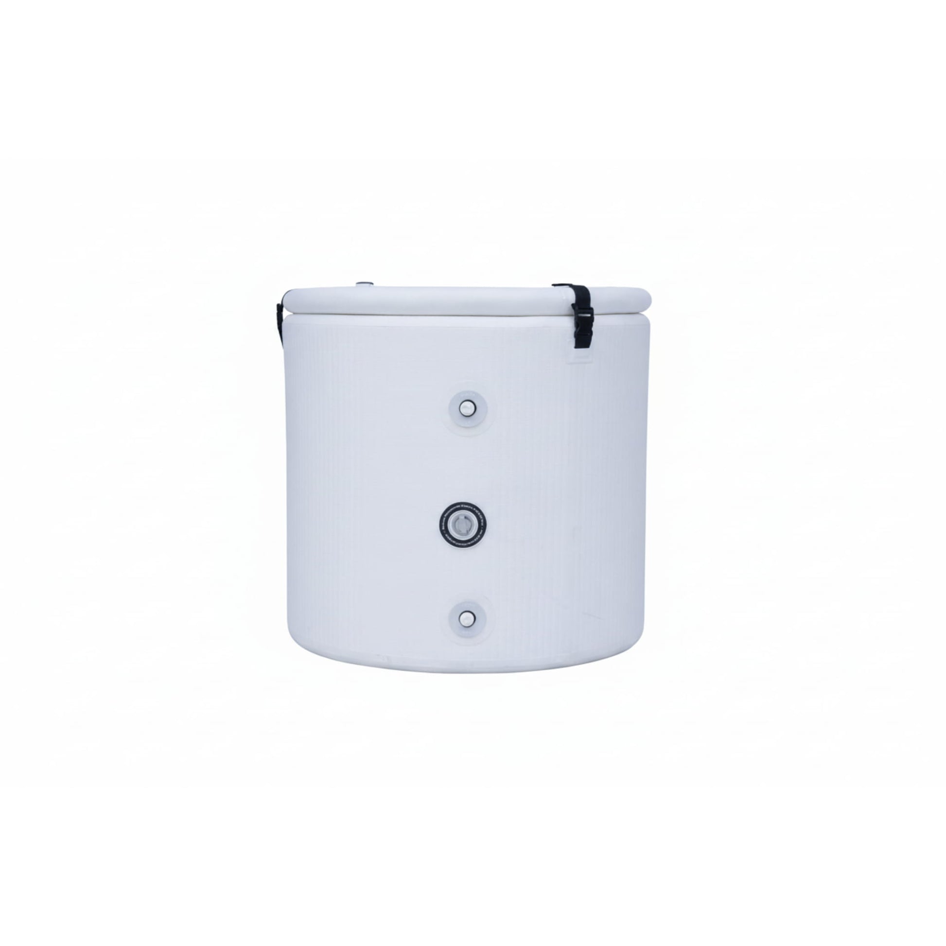 Inflatable white ice bath with valves and pipe connection points on white background