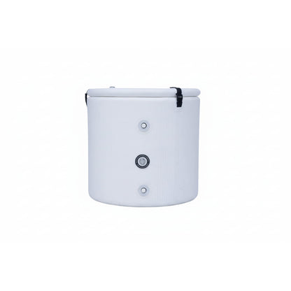 Inflatable white ice bath with valves and pipe connection points on white background