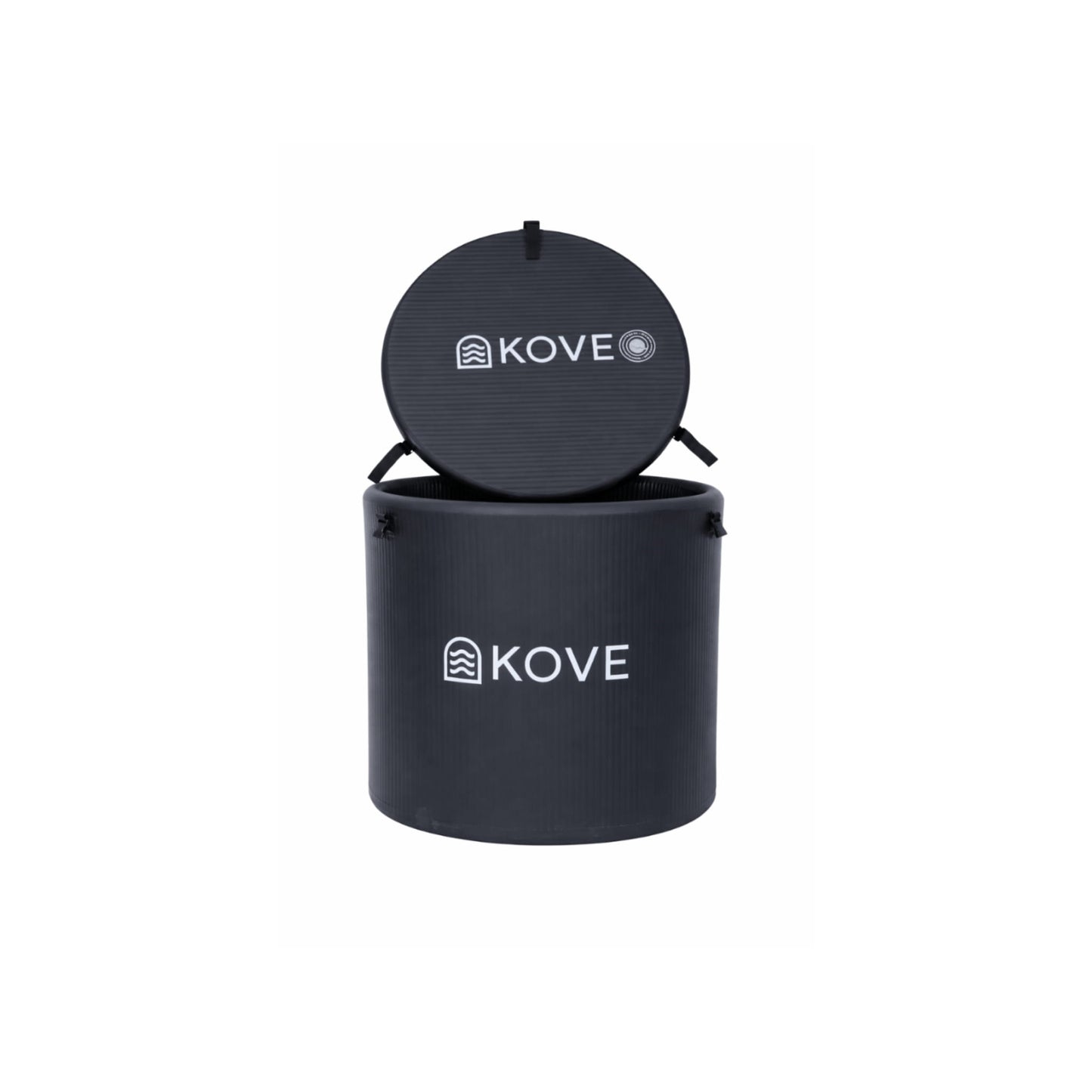 Inflatable black ice bath and cover with Kove branding on white background