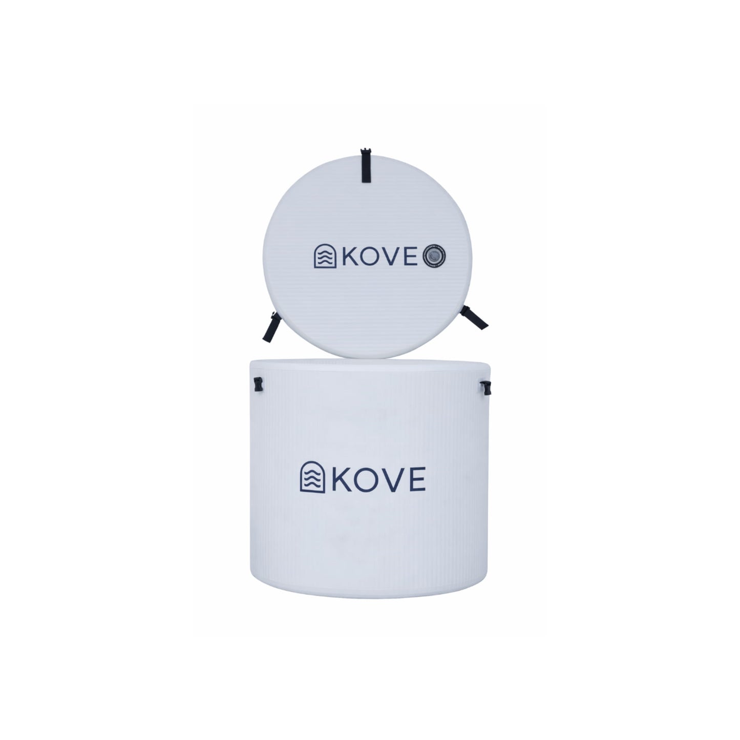 Inflatable white ice bath and cover with Kove branding on white background
