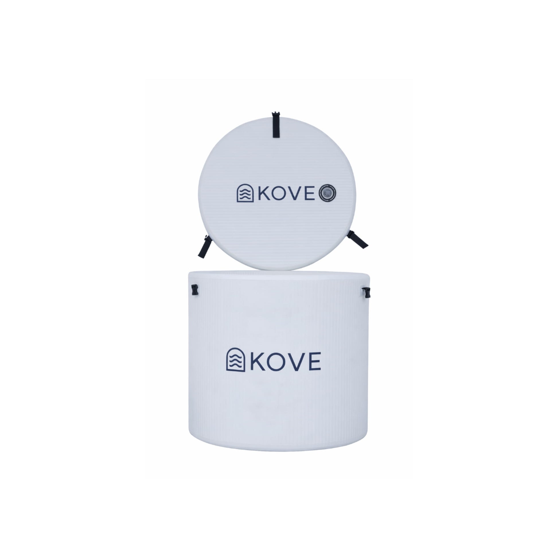 Inflatable white ice bath and cover with Kove branding on white background