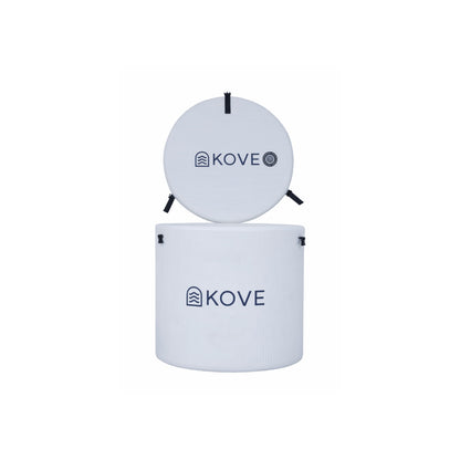 Inflatable white ice bath and cover with Kove branding on white background