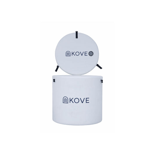Inflatable white ice bath and cover with Kove branding on white background